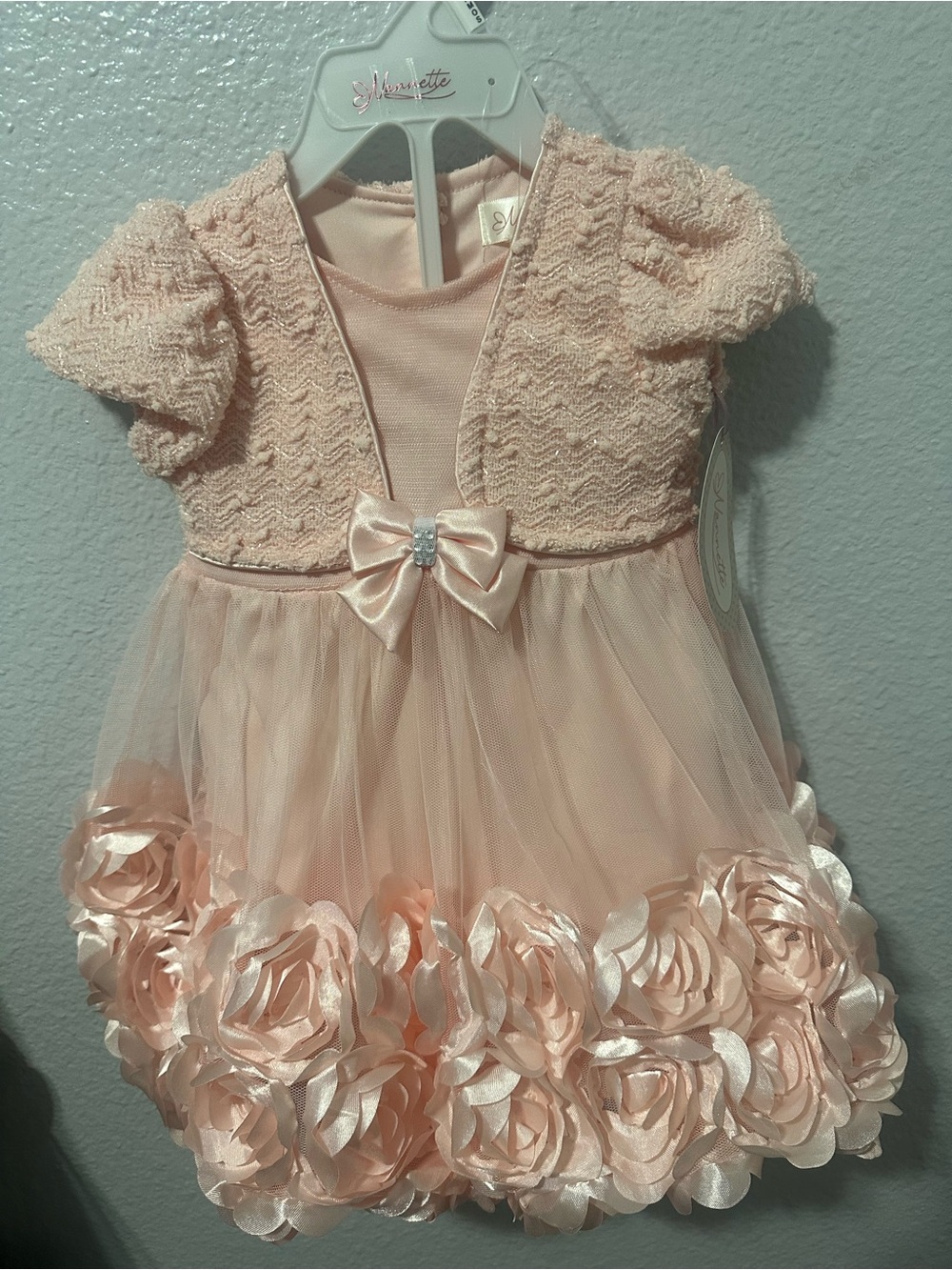 Nannette Blush Pink Rose-Applique Tulle Party Dress with Satin Bow